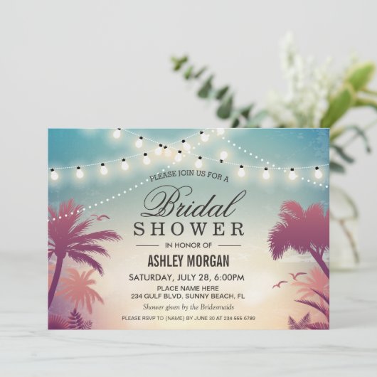 夏のストリングライトサンセットアウトドアブライダルシャワー 招待状 (スタンド正面)