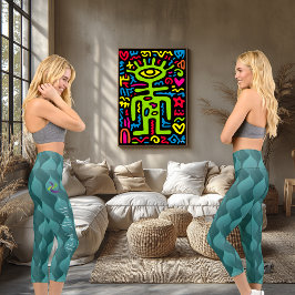 夏のティール(緑がかった色)波のパターン:カスタム文字とロゴ。 カプリレギンス