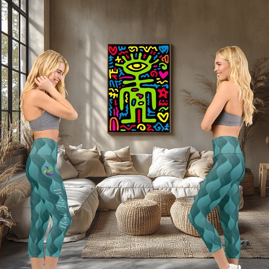 夏のティール（緑がかった色）波のパターン：カスタム文字とロゴ。 カプリレギンス