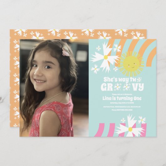 夏のデイジー花のレトロウェイ2つのGroovy写真 (正面/裏面)