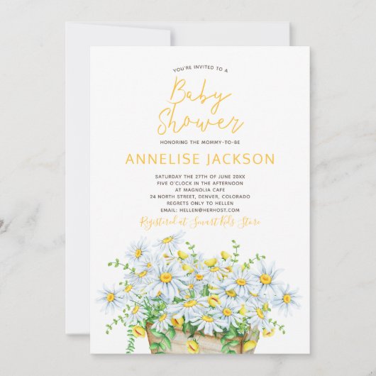 夏のデイジー黄色と白のレースの赤ちゃんシャワー 招待状 (正面)