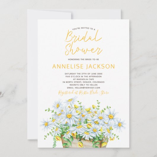 夏のデイジー黄色と白のレースブライダルシャワー 招待状 (正面)