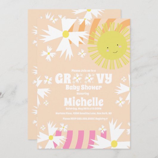 夏のデイジーGroovyサンレインボーベビーシャワー 招待状 (正面/裏面)