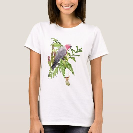 夏のデザインとピンクのオウムの鳥、トロピカル。 Tシャツ (正面)