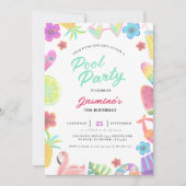 夏のトロピカルキッズプール誕生日パーティー 招待状 (正面)
