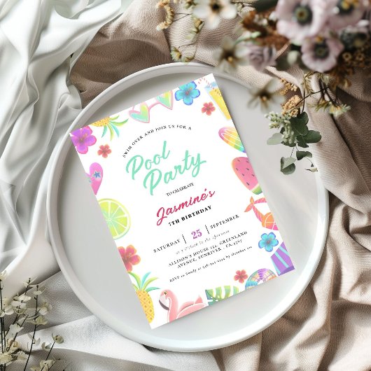夏のトロピカルキッズプール誕生日パーティー 招待状