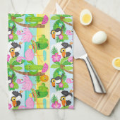 夏のトロピカルトゥーカンとフラミンゴのパターン キッチンタオル (四つ折り)