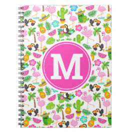 夏のトロピカルトゥーカンとフラミンゴのパターン ノートブック