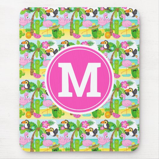 夏のトロピカルトゥーカンとフラミンゴのパターン マウスパッド (正面)