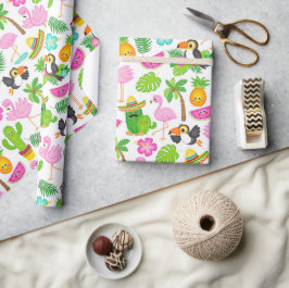 夏のトロピカルトゥーカンとフラミンゴのパターン ラッピングペーパー