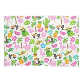 夏のトロピカルトゥーカンとフラミンゴのパターン 枕カバー