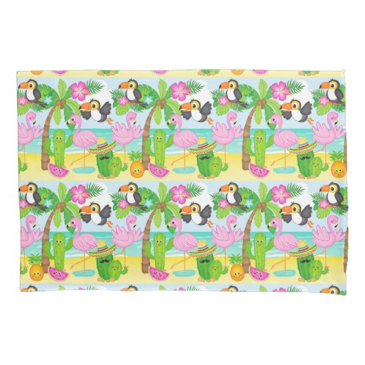 夏のトロピカルトゥーカンとフラミンゴのパターン 枕カバー (正面)
