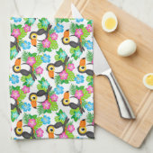夏のトロピカルトゥーカンと花柄 キッチンタオル (四つ折り)