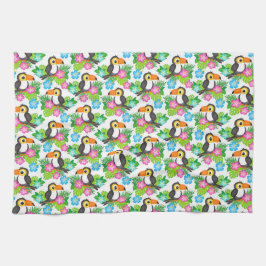 夏のトロピカルトゥーカンと花柄 キッチンタオル