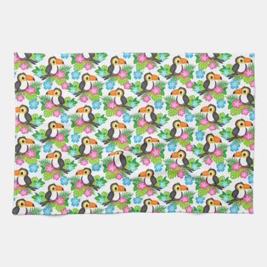 夏のトロピカルトゥーカンと花柄 キッチンタオル (横)