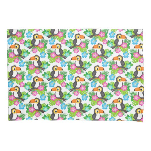 夏のトロピカルトゥーカンと花柄 枕カバー (正面)