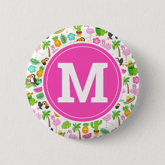 夏のトロピカルトゥーカンと花柄 缶バッジ (正面)