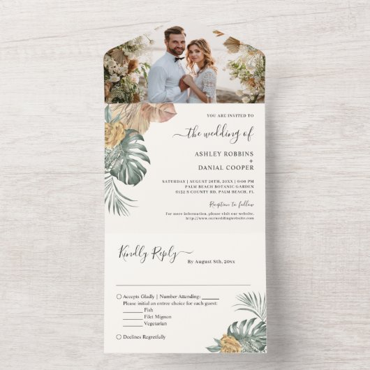 夏のトロピカルパームリーフウェディングフォト オールインワン招待状 (内側)