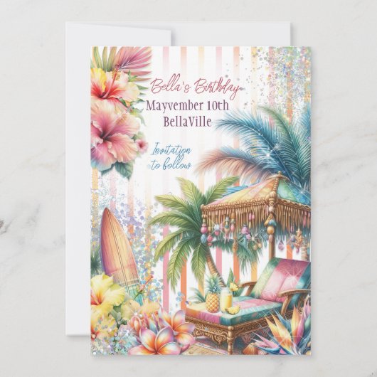 夏のトロピカルビーチルアウ セーブザデートカード 招待状 (裏面)