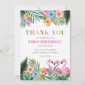 夏のトロピカルフラミンゴ子供の初めての1歳の誕生日 サンキューカード (正面)