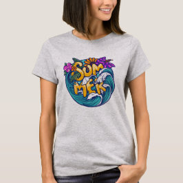 夏のトロピカルフラワー ビーチの波 明るい Tシャツ