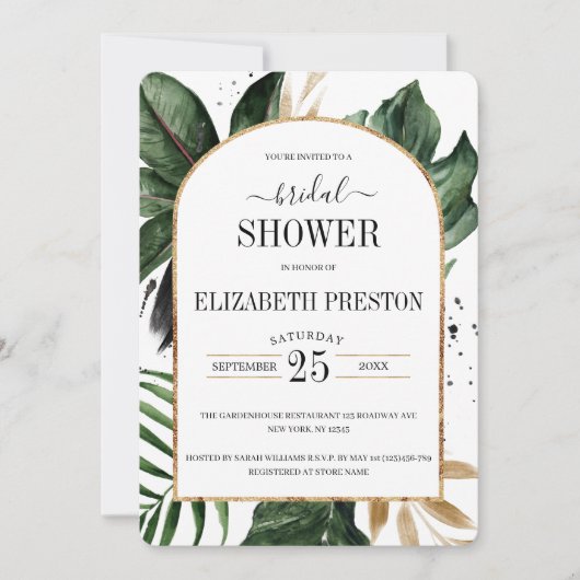 夏のトロピカルリーフアーチフレーム ブライダルシャワー 招待状 (正面)