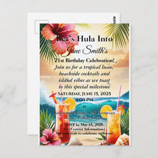 夏のトロピカルルアウビーチパーティー 21歳の誕生日 ポストカード (正面/裏面)
