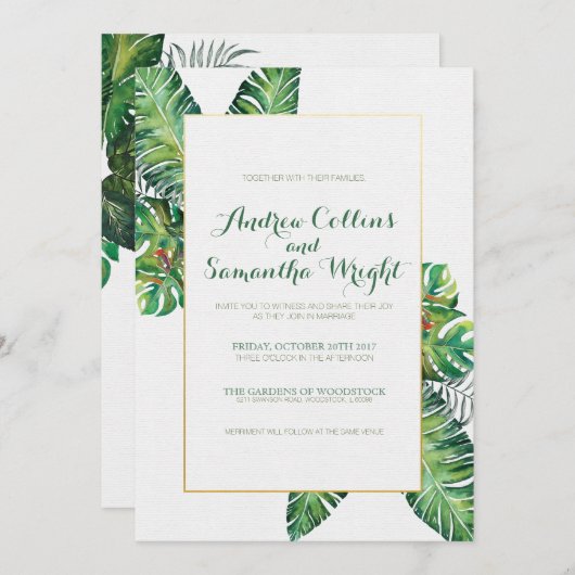 夏のトロピカル葉ウェディングパーティー招待状 招待状 (正面/裏面)