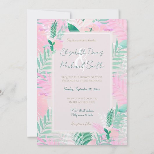 夏のトロピカル ピンク ミント パーム 葉の緑 招待状 (正面)