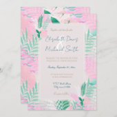 夏のトロピカル ピンク ミント パーム 葉の緑 招待状 (正面/裏面)