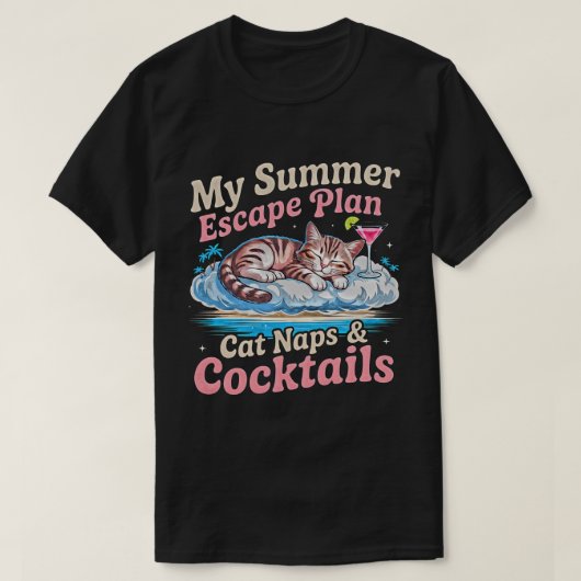 夏のネコ: たっぷり昼寝とカクテル・エスケーププラン Tシャツ (デザイン正面)