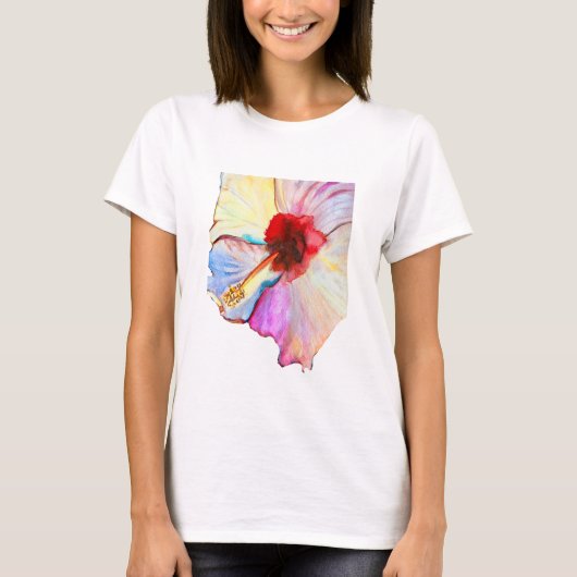 夏のハイビスカスの水彩画 Tシャツ (正面)