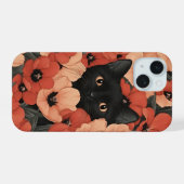 夏のバイブパーソナライズされたキュートフローラ黒猫 iPhone 15ケース (裏面横)