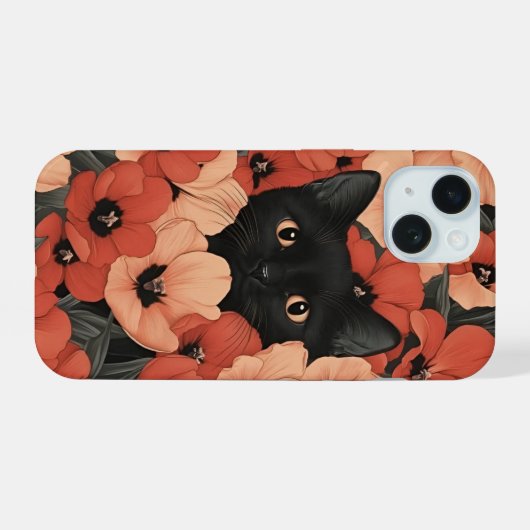 夏のバイブパーソナライズされたキュートフローラ黒猫 iPhone 15ケース (裏面横)