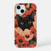 夏のバイブパーソナライズされたキュートフローラ黒猫 iPhone 15ケース (裏面)