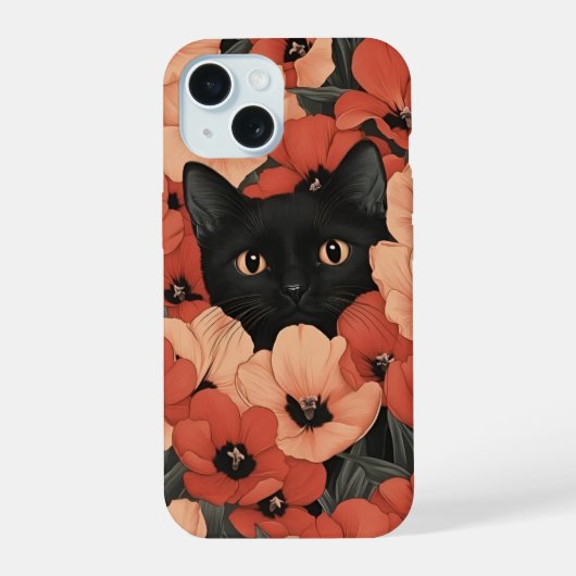 夏のバイブパーソナライズされたキュートフローラ黒猫 iPhone 15ケース (裏面)