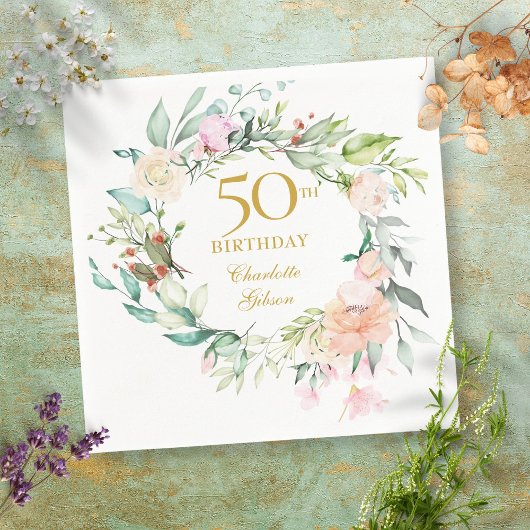 夏のバラの花輪 50歳の誕生日 スタンダードカクテルナプキン