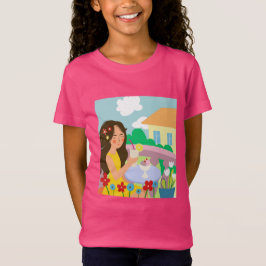 夏のバルコニーの女の子がカクタイを飲む Tシャツ