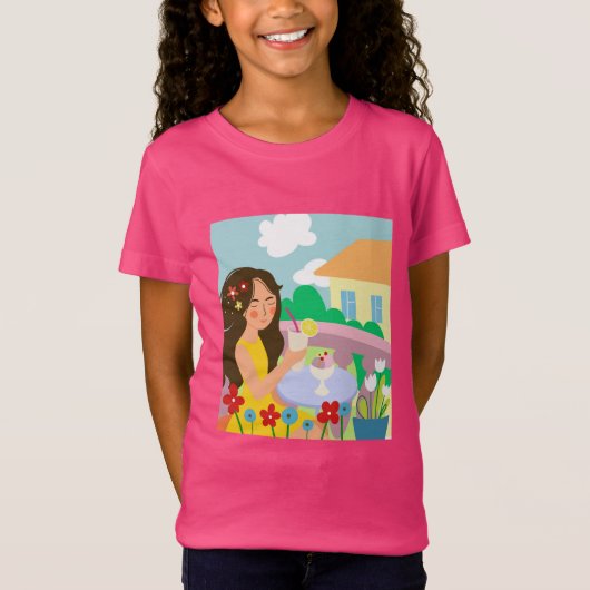 夏のバルコニーの女の子がカクタイを飲む Tシャツ (正面)