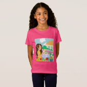 夏のバルコニーの女の子がカクタイを飲む Tシャツ (正面フル)