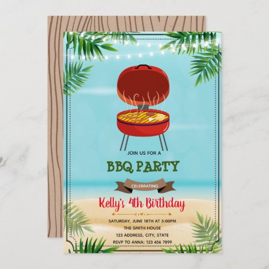 夏のバーベキュー誕生日パーティーの招待 招待状 (正面/裏面)