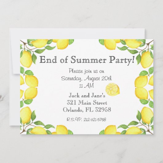 夏のパーティの招待状の水彩画レモン端 招待状 (正面)