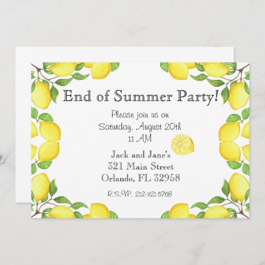夏のパーティの招待状の水彩画レモン端 招待状 (正面/裏面)