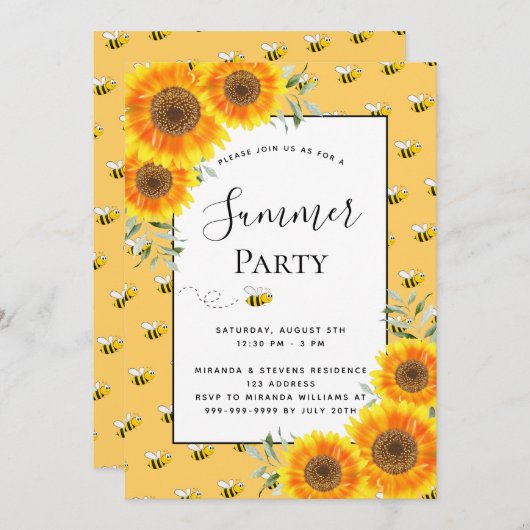 夏のパーティーでこぼこミツバチひまわり裏庭バーベキュー 招待状 (正面/裏面)