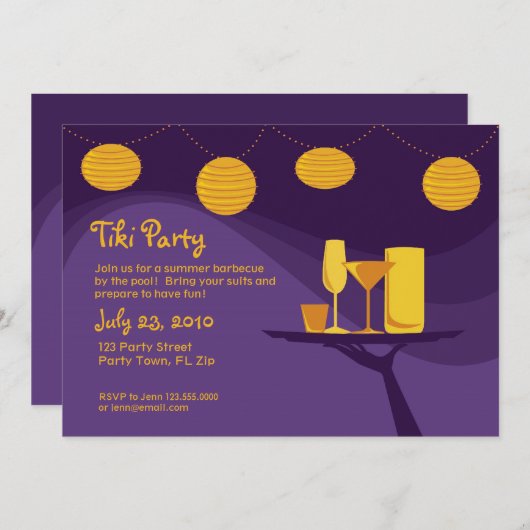 夏のパーティーの招待: 紫色及び金ゴールドの飲み物 招待状 (正面/裏面)