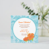 夏のパーティーの招待: 青及びオレンジハイビスカス 招待状 (スタンド正面)