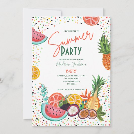 夏のパーティーの熱帯果実の招待 招待状 (正面)