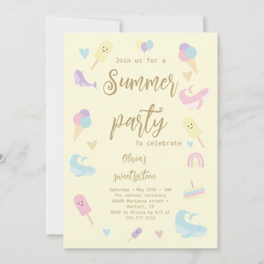 夏のパーティーアイスクリーム書道誕生日パーティー 招待状 (正面)