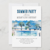 夏のパーティーウォーターカラートロピカルプール誕生日 招待状 (正面)