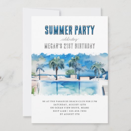 夏のパーティーウォーターカラートロピカルプール誕生日 招待状 (正面)